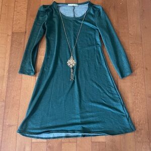 Chic Teal Long Sleeve Dress with Attached Necklace